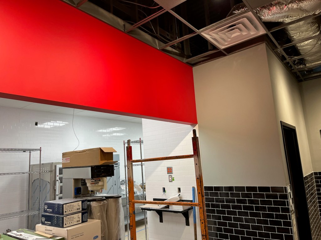 In this (Jimmy Johns Restaurant) commercial painting job. We are painting interior walls, trim, ceiling tiles & doors with Sherwin Williams paint. 